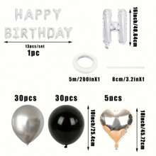 66 件简约生日气球套装，包括 16 英寸银色生日快乐横幅、5 件心形铝箔气球和 60 件黑色和银色乳胶气球，适合浪漫生日派对装饰 - 彩色 - 查看 4