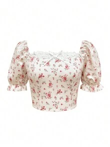 女士时尚可爱花卉印花短袖休闲柔美上衣