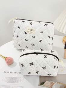 Lovely Polka Dot & Bow Knot Pattern Makeup Bag Large Capacity Quilted Cosmetic Storage Bag With Handle Make Up Organizer Cute Bow Knot Design Makeup Pouch Skincare Bag For Woman Travel Toiletry Bag Small Bow Pencil Case Coin Purse Makeup Bag Set For Wedding Bridesmaid Gift ,Mom Gifts, Birthday Gifts,Gifts For Friends And Teachers, Home Decor, Bathroom Living Room