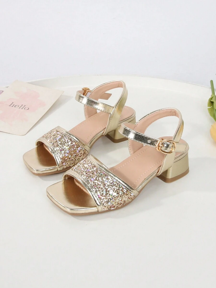 Fashionable Elegant High-End Glitter Party High Heel Sandals, Open Toe High Heels, Breathable And Lightweight Formal Shoes For Party, Performance, Banquet, Wedding, Square Toe High Heel Sandals - Gold - View 1