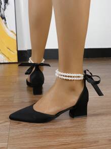 New Fashion Women Black High Heels, Thick Heel, Pointed Toe Sandals, Mid-Heel Pumps, Summer Shoes, Mary Janes