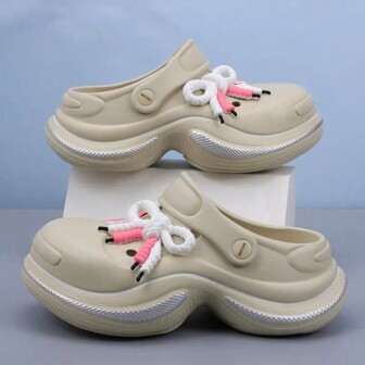 厚底穿孔女式一脚蹬凉鞋，厚底可爱系带卡通沙滩拖鞋，舒适休闲坡跟镂空木屐，适合春夏季，护士/沙滩装