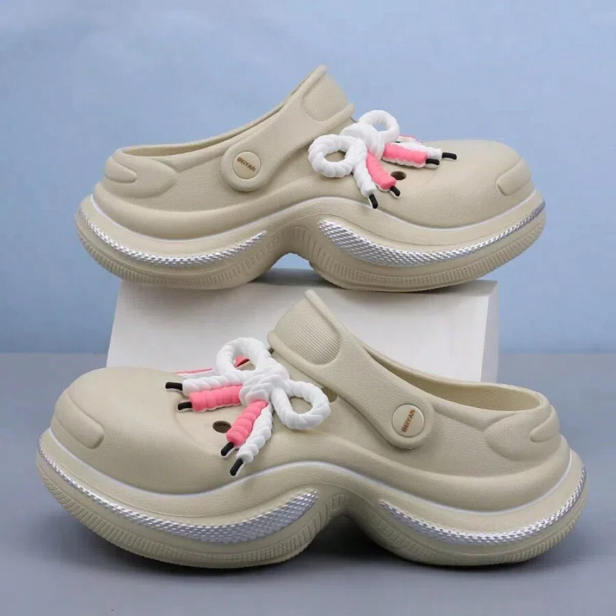 Damskie grube sandały na platformie, wydrążone oddychające, swobodne, wsuwane buty na koturnie z uroczym sznurowanym wzorem, odpowiednie na plażę, wiosnę, lato i jesień