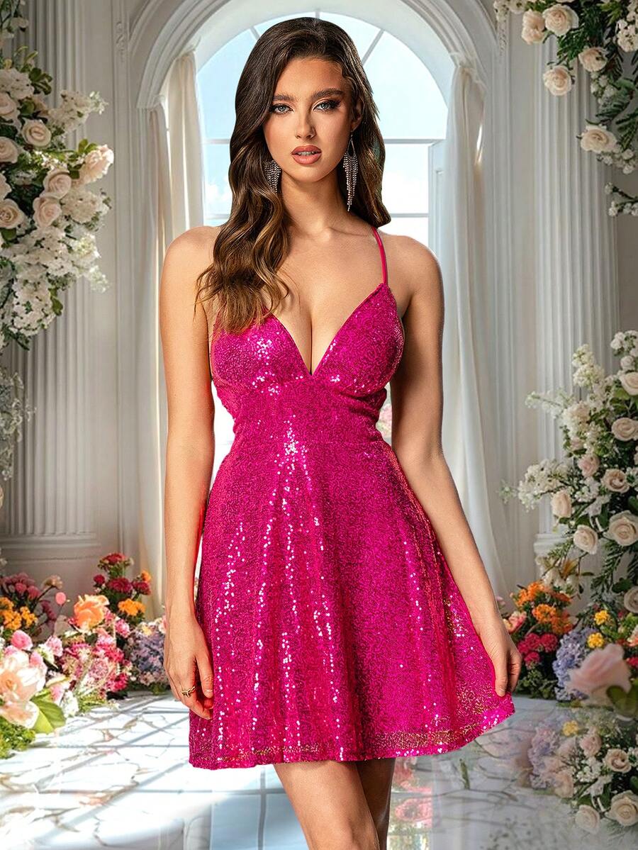Double Crazy Lace Up Backless Sequin Cami Dress - Hot Pink - View 1