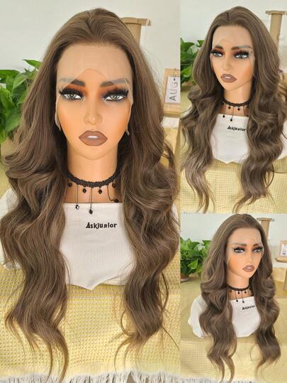 13x4 Linen Brown Natural Big Wave Synthetic Lace Front Wig, Glueless Full Wig, High Quality Heat Resistant Fiber, Suitable For Halloween