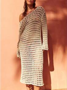 Women's Crochet Bikini Cover-Up Solid Hollow Out Long Sleeve Open Back Loose Long Dress - 白色 - 查看 1