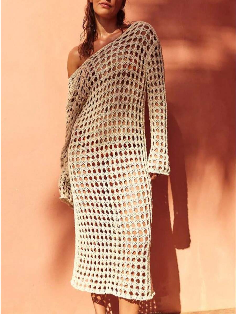 Women's Crochet Bikini Cover-Up Solid Hollow Out Long Sleeve Open Back Loose Long Dress - 白色 - 查看 1