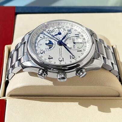 FENSIR 1件男士自动机械多功能休闲商务防水夜光月相8针腕表，配钢表带