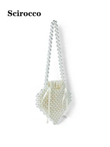 New French Elegant Lady Handmade Pearl Handbag Shoulder Bag With Heart Shape Design - Beige - View 3