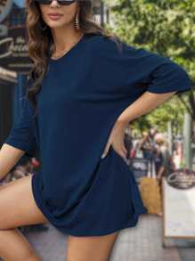 Playera Camisa Oversize Extragrande Holgada y Amplia Casual Cuello Redondo Unicolor Solido Hombros caídos Manga Corta Cómodo para Dama Mujer Salida Casual Gimnasio y mas - Azul Marino - Ver 5