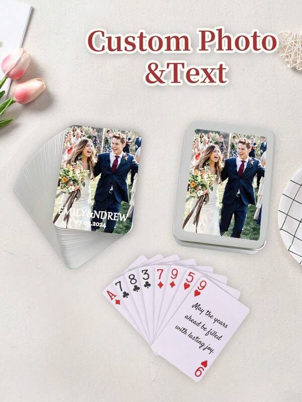 1 set/54pezzi Carte da gioco personalizzate per libro degli ospiti, alternativa al libro degli ospiti di matrimonio, libro per la firma degli ospiti di matrimonio, carte per festa di fidanzamento, regalo di matrimonio personalizzato, carte da gioco personalizzate con foto e testo della coppia, stilose, adorabili, colorate, personalizzate, uniche, regali ideali per lei, amici, figlio, figlia, studenti, lavoratori, bambini a scuola, in casa, in ufficio, multifunzionali, durevoli, ornamentali, riutilizzabili, raffinate, alla moda, di alta qualità, colorate, moderne, personalizzate, uniche, regali ideali per lui, lui, ragazzo, papà, lei, ragazza, mamma, famiglia, amici, sala da tè, casa, giardino, ufficio, per anniversari, per San Valentino, per la festa della mamma, per compleanni, per la festa del papà, per lauree, per matrimoni, per inaugurazioni di casa