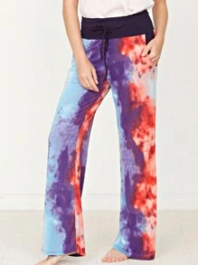Floral Drawstring Fold Over Band Wide Leg Lounge Pants - 紫色 - 查看 3