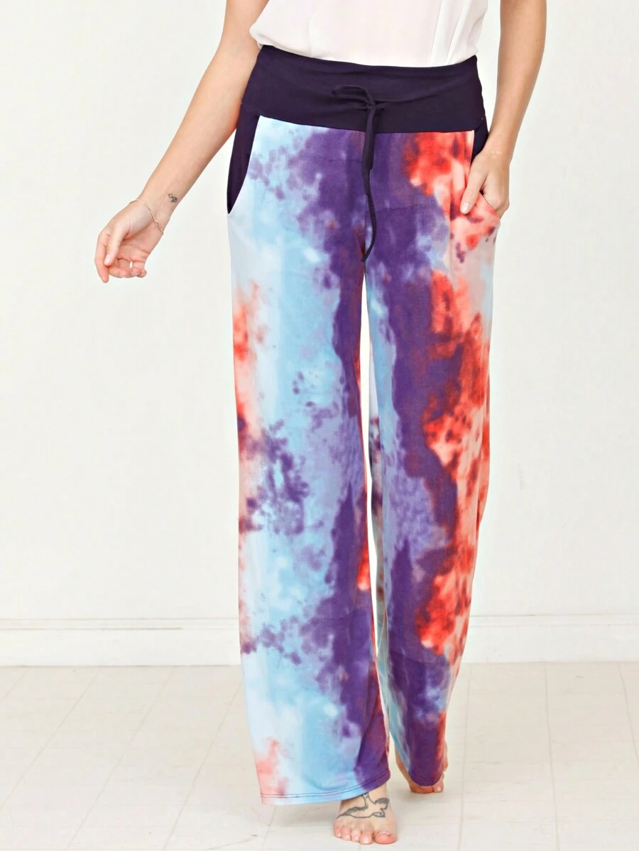 Floral Drawstring Fold Over Band Wide Leg Lounge Pants - 紫色 - 查看 1