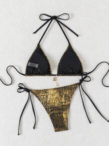 新款时尚闪亮女士三角比基尼优雅系带泳衣分叉领口吊带性感美女沙滩比基尼温泉排队热销泳装度假 - 金色 - 查看 2