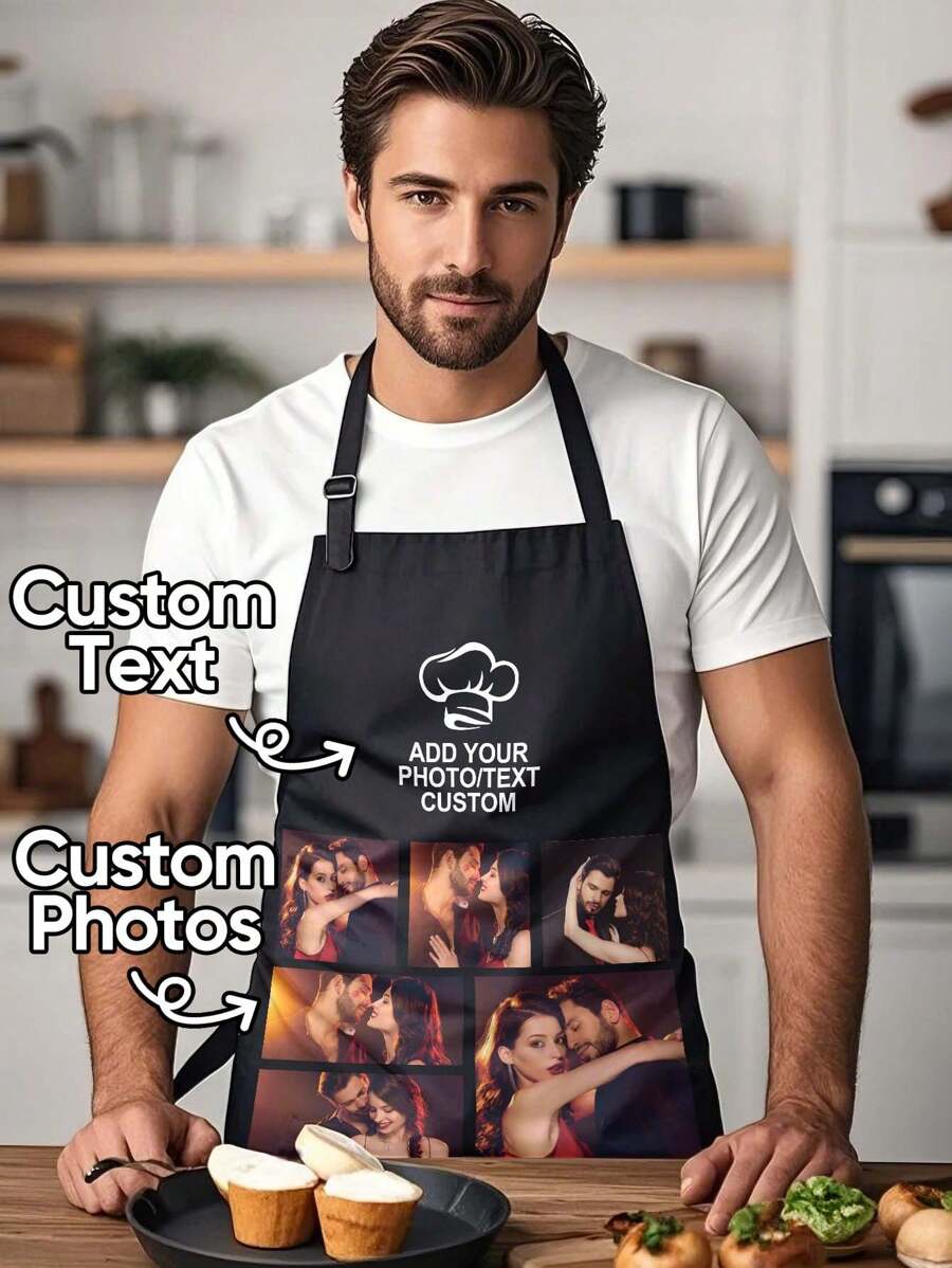 1pc Custom Apron With Photo And Text, Gifts For Dad, Personalized Photo Apron, Personalized Mother's Day Gift Waterproof Apron, Customized Funny Picture Chef Cooking Kitchen Apron, Customize Photo, Logo, Picture, Text, Chef Cook Apron, Ideal Gift For Valentine's Day, Father's Day, Mother's Day Birthdays, Anniversaries, Unique Gift For Women, Chef, Mom, Dad, Husband, Girlfriend, Boyfriend, Weddings, Christmas, Gift For Him, Gift For Her