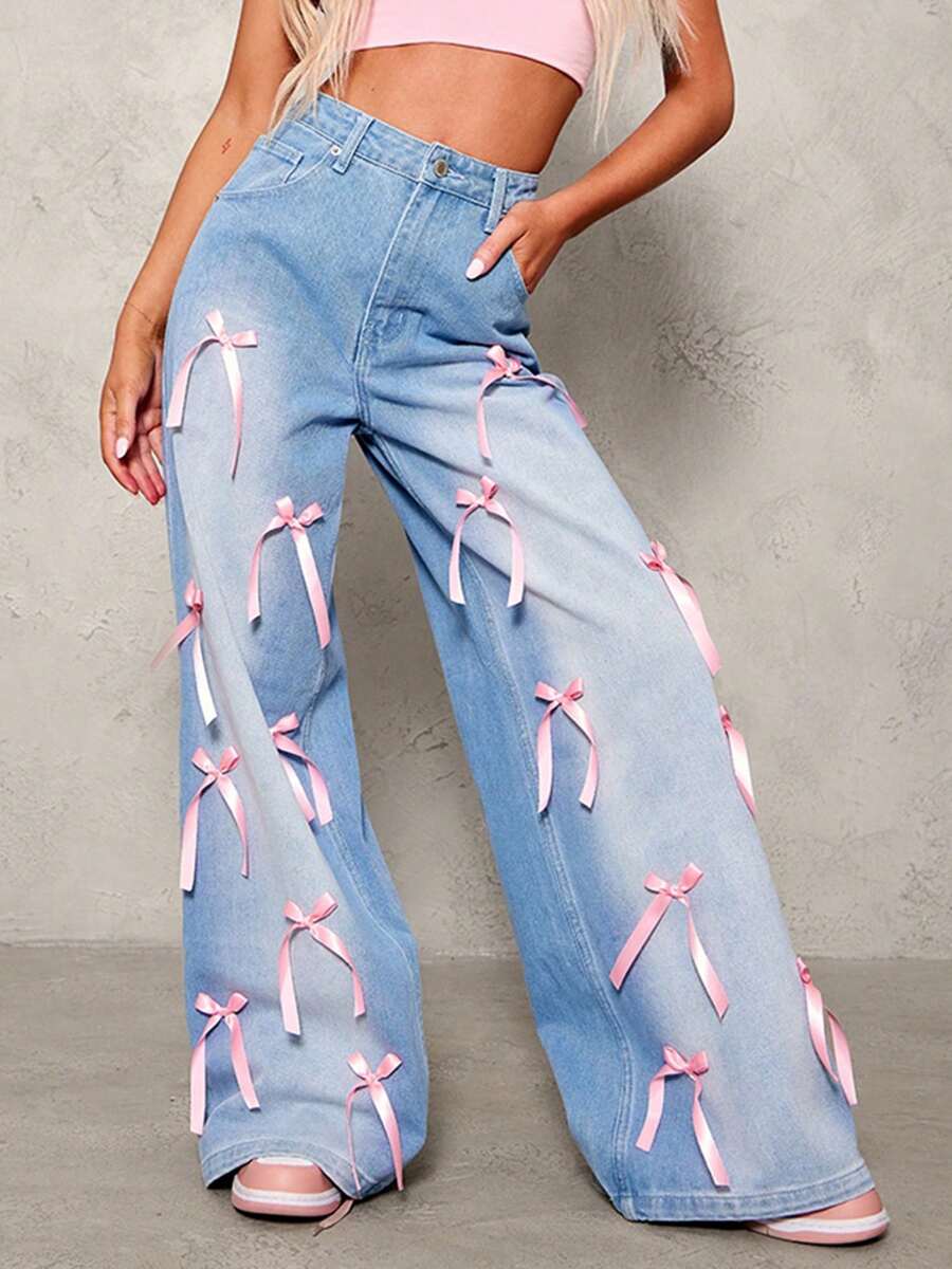 Womens High Rise Jeans Fashion Bow Wide Leg Denim Pants Washed Jeans With Pockets - 天藍色 - 查看 1