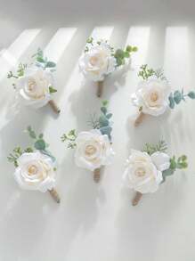 6件套时尚艾琳玫瑰花配人造绿叶胸花，适合新郎、婚礼装饰、宴会、派对、情人节配饰 - A - 查看 11