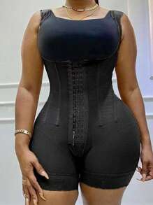 1pc High Compression Open Crotch Waist Trainer Bodysuit, Daily Use Postpartum Slimming Body Shaper - Black - View 1