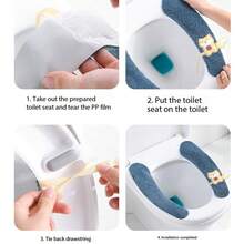 Four Toilet Seat Covers With Cute Fox Patterns In Different Colors (Blue, Orange, Yellow, And Green). They Are Soft, Fluffy, And Shaped To Fit The Toilet Seat. Each Cover Has A Small Fox Detail That Adds A Cute Touch. These Toilet Seat Covers Are Used For Comfort And Warmth, Especially In Cold Seasons.