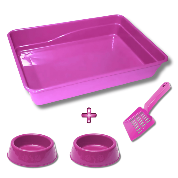 Kit Bandeja Sanitária para Gatos Pet com Comedouro e Pá Várias Cores