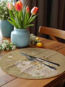 1pc/4pcs Ramadan Spring Decor Moon & Star Round Placemats, Ramadan Lantern & Flower Linen Placemats, Dirt-Resistant, Suitable For Home Dining Room And Restaurants, Tabletop Decor, Home Supplies - Multicolor - View 4