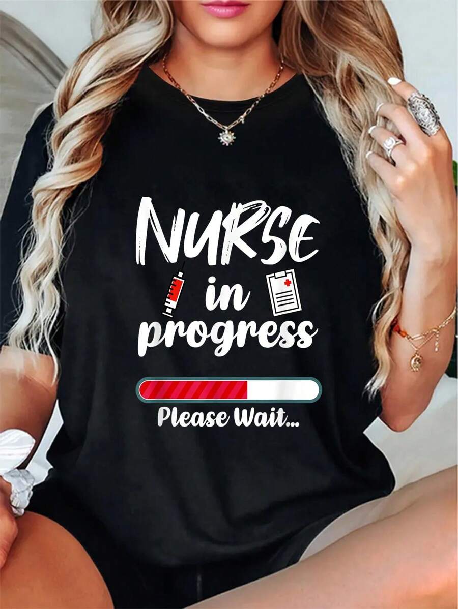 Nurse In Progress Loading Funny Nursing School T-Shirt Round Neck Short Sleeve T-Shirt Women's Men Graphic Tee - 黑色 - 查看 1