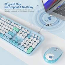 SURMEN Wireless Typewriter Keyboard And Mouse Combo,American Layout Retro 104 Key Full Size Office Set Pink Keyboard With Silent Round Keycaps, Ideal For Laptop And Desktop PCs, Cute Esign Keyboard - Blue - View 2