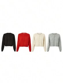 Women's Solid Color Cardigan Long Sleeve Round Neck Button Down Sweater Knit Tops - Red - View 10