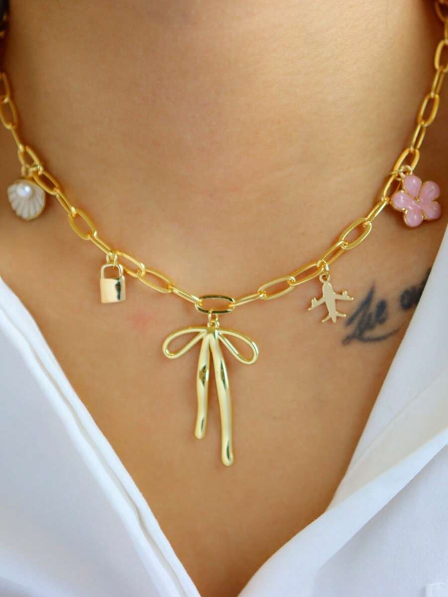 Women's Stainless Steel Starfish, Bow, Heart, Ceramic Flower Pendant Necklace, Multielement Jewelry For Daily Wear, Holiday, Vacation, Date, Party, Festival Gift - Yellow Gold - View 1