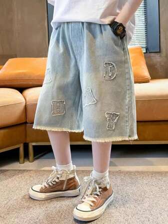 儿童宽松阔腿字母刺绣牛仔短裤