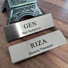 Custom Name Tags Clip Onto Brushed Silver Metal Plates With Black Text Name ICONS For Personalized Identification Labels - 70X20mm Fast Engraving Technology - Multicolor - View 3