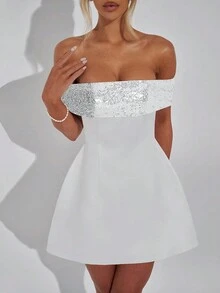 Women Sequins Off Shoulder A Line Mini Dress Party Elegant Prom Dress, Wedding Guest Dress - White - View 5