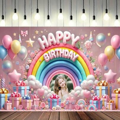 Banner de feliz cumpleaños personalizado, fondo de fiesta de cumpleaños de arcoíris rosa y azul - Personalice su imagen - Decoración para porche interior/exterior, fondo de photocall para fiestas de cumpleaños y aniversarios