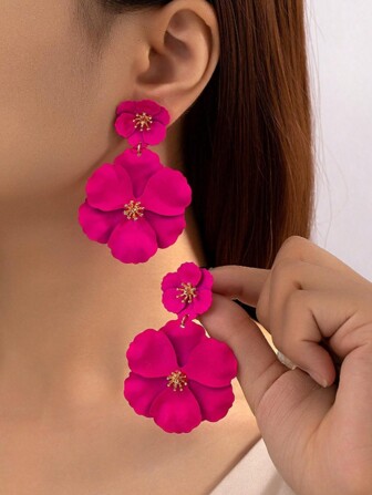 1pair Asymmetrical Multilayer Colorful Flower Shaped Metal Drop Earrings, Perfect For Dates And Gifting