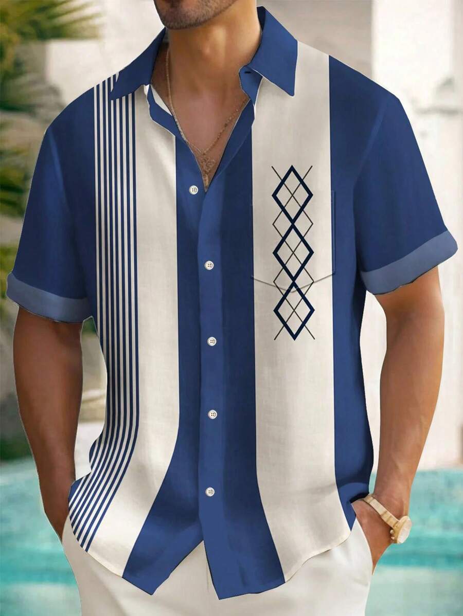 Men Plus Size Vintage Bowling Geometric Print Button Pocket Short Sleeve Shirt - Blue - View 1