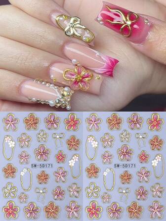 5D 金线芙蓉花指甲贴纸浮雕金属不对称方框粉色红色花瓣蝴蝶结 DIY 春夏优雅 Y2K 风格自粘凝胶抛光贴花滑块全息美甲装饰家居沙龙美甲用品指甲