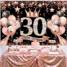 黑色和粉色生日背景，适合 18、30、40、50 岁女性生日派对、摄影背景横幅、墙面装饰、派对用品 - 彩色 - 查看 8