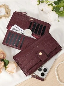 勃艮第包 Charry 红色包酒红色包，鳄鱼压纹折叠长钱包女士时尚现代商务超薄便携多功能大容量信用卡拉链身份证钱现金存储 - 酒紅色 - 查看 6