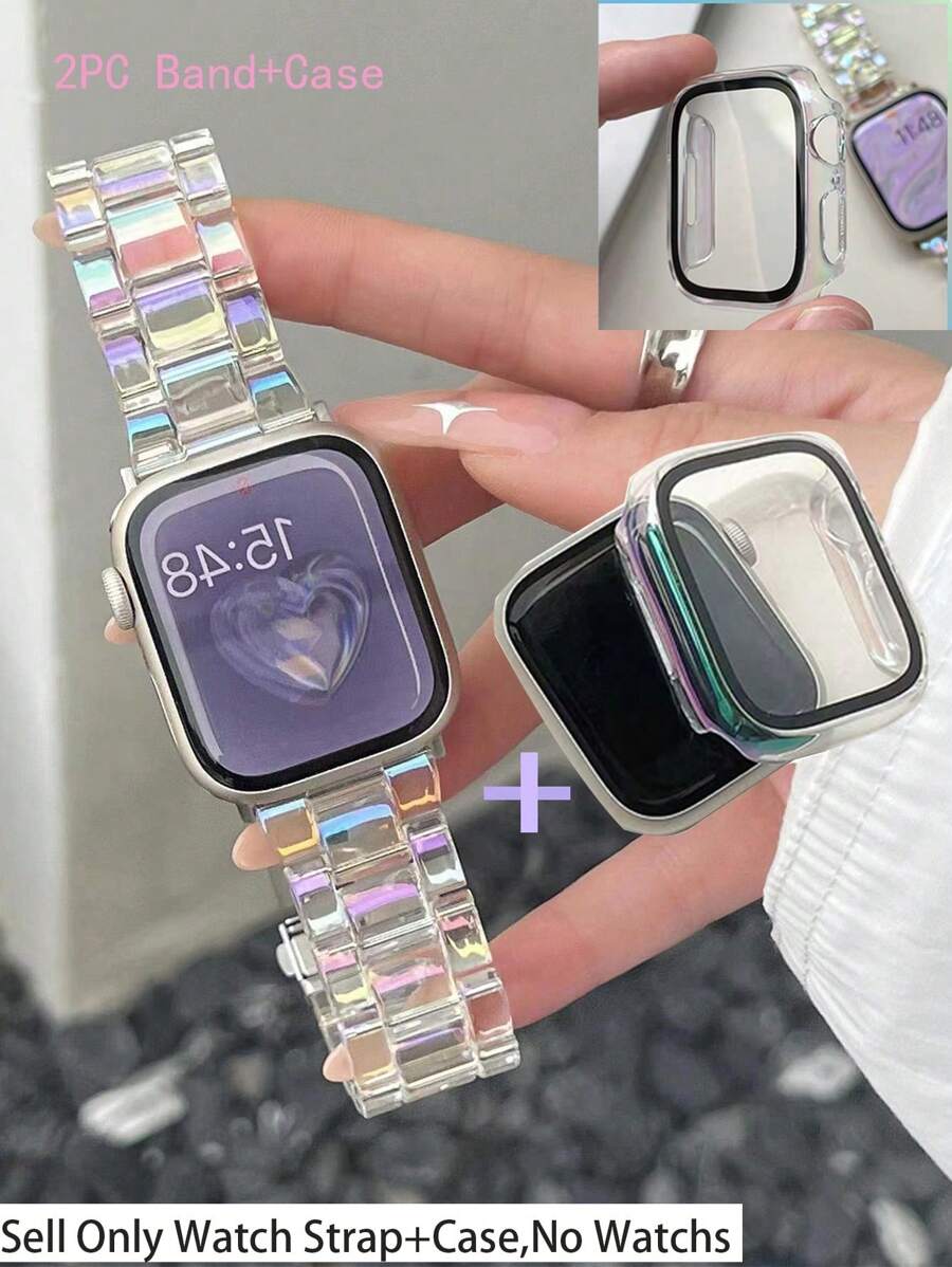 二合一表带+保护壳，兼容40mm、41mm、44mm、45mm、49mm、38mm、42mm尺寸，适用于 Ultra2、9/8/7/6/5/4/3/2/1系列，苹果透明彩虹表带（女款），夏季套装表带，亚克力多色表带，防摔、防水、防震PC保护壳，硬壳，屏幕保护膜，节日礼物（女款表带），表带