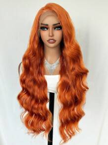 Peluca sintética de encaje frontal de 13x6 pulgadas con cabello de bebé, onda corporal de 30 pulgadas de largo, color naranja, para uso en el Día de Navidad