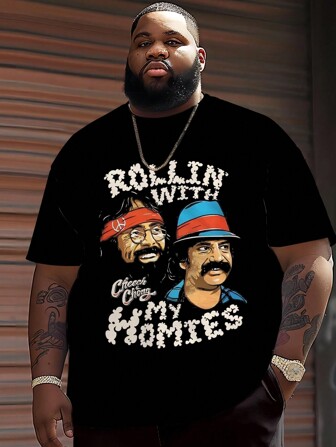 大码男士时尚兄弟印花 T 恤，涤纶针织面料，圆领，休闲版型，新颖图案设计