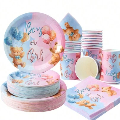 Unisex wegwerpborden, servetten en bekers in de vorm van een teddybeer, geschikt voor 25 gasten, wegwerpborden van papier, feestartikelen geschikt voor verjaardagsfeestjes, gender reveal party, familiepicknick