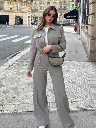 Traje casual de mujer para primavera-verano 2025, con chaqueta corta de solapa y bolsillos + pantalones anchos elegantes