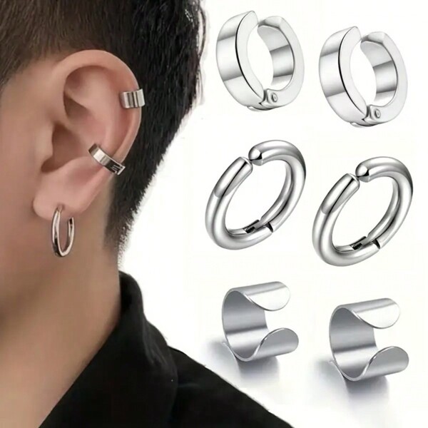 Conjunto de 6 peças de clipes de orelha de aço inoxidável - brilhantes, sem necessidade de piercing - e acessório de moda versátil para homens e mulheres - presente perfeito para aniversários, feriados e Natal