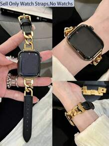 1 件时尚金属皮革一体式表带，兼容 Series 11 10 9 8 7 SE 6 5 4 3 2 1，男女通用不锈钢表带，适用于 41mm 45mm 38mm 49mm 44mm 46mm 40mm 42mm，黑色和金色组合，奢华 - 黑色 - 查看 2