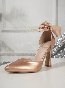2025 New Arrival European & American Fashion Chunky Heel Pearl Lace-Up Metallic High Heel Pointed Toe Hollow-Out Women Pumps