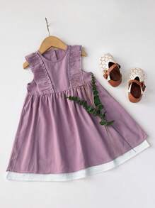 适合夏季的年轻女孩优雅平纹织物圆领无袖连衣裙（带衬里） - 紫色 - 查看 3