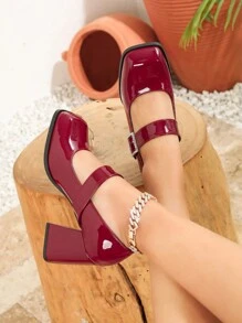 小码女式粗跟玛丽珍皮鞋，方头红色高跟鞋，加大码 - 酒紅色 - 查看 2
