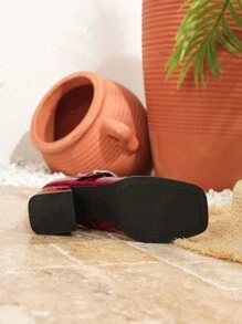 小码女式粗跟玛丽珍皮鞋，方头红色高跟鞋，加大码 - 酒紅色 - 查看 5