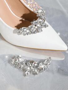 1 Pair (2pcs) Detachable DIY Shoe Decorations, Elegant Rhinestone Metal Silver Floral Accent For Fashion Heels, Black, White, Orange, Red, Suitable For High Heels, Pumps, Office & Casual Wear - White - View 1